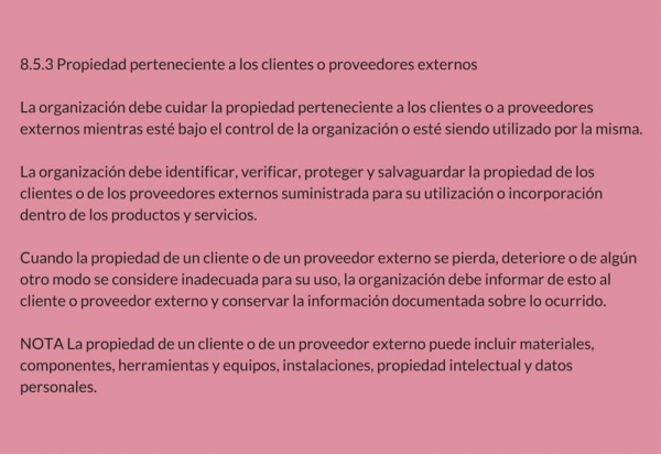 Propiedad perteneciente a los clientes o proveedores externos (8.5.3)