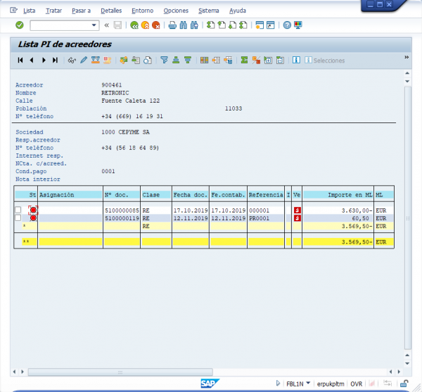 Ejercicio 10 SAP FI: FBL1N. Consulta de partidas de acreedores (proveedores)