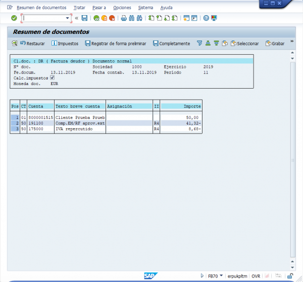 Ejercicio 11 SAP FI: FB70. Contabilizar factura a cliente