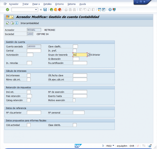 Ejercicio 15 SAP FI: FK02. Actualizar Grupo de Tesorería de Proveedores