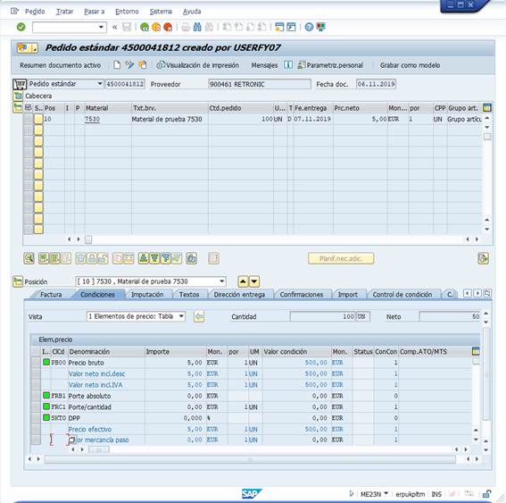 Ejercicio 7 SAP LO: ME21N. Crear pedido de compra