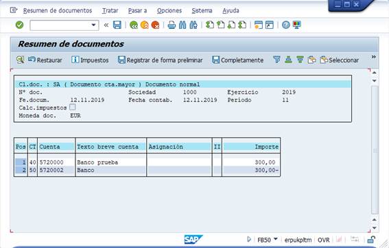 Ejercicio 6 SAP FI: FB50. Contabilizar cuentas de mayor