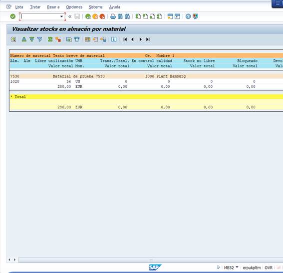 Ejercicio 24 SAP LO: MB52. Visualizar stock en almacén (por material)