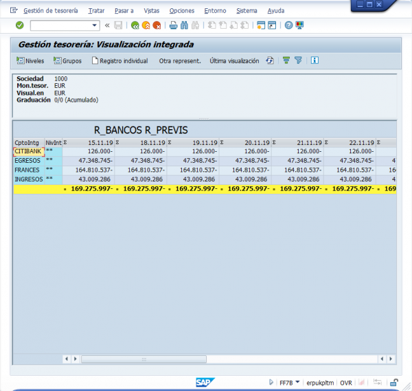 Ejercicio 17 SAP FI: FF7B. Visualización del estado de Previsión y Posición de Tesorería